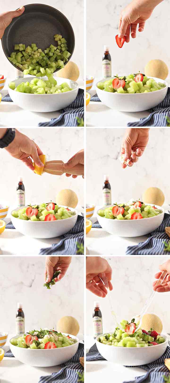 A collage shows how a woman puts together the dish, step by step