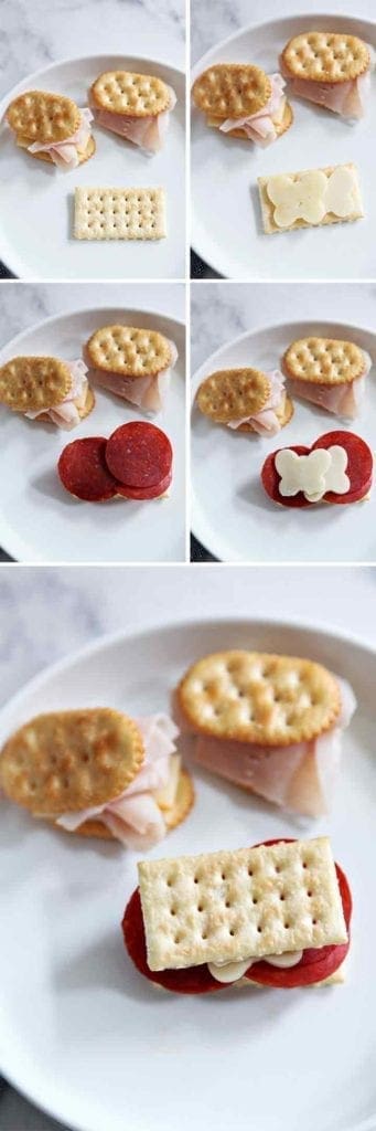 A cracker sandwich is made in a 5-photo collage