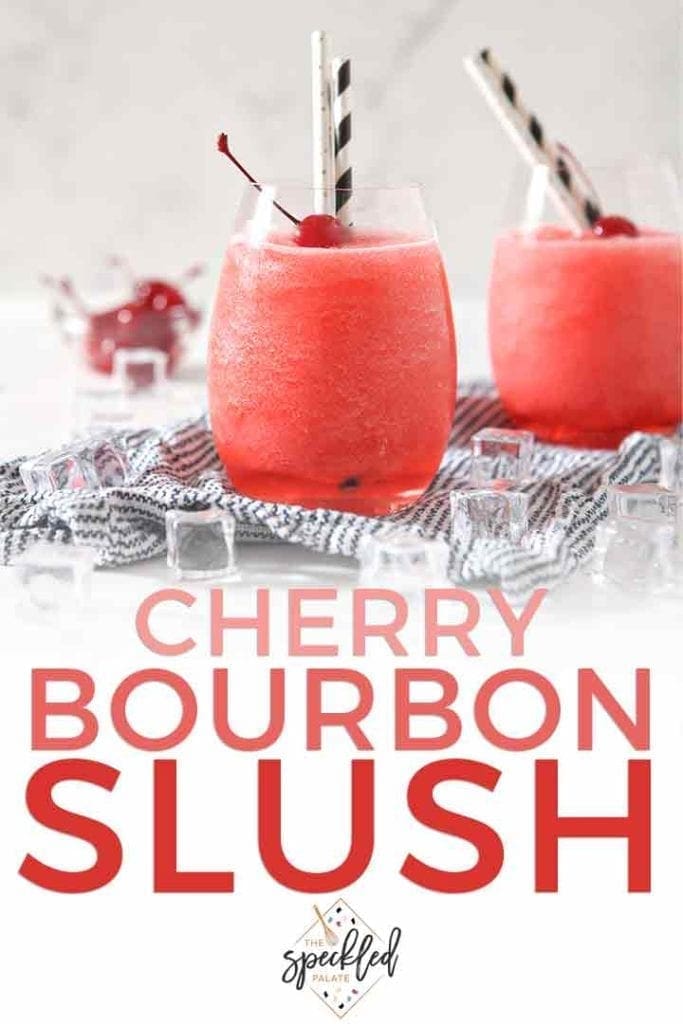 Pinterest image for Cherry Bourbon Slush, showing text and a close up of two drinks