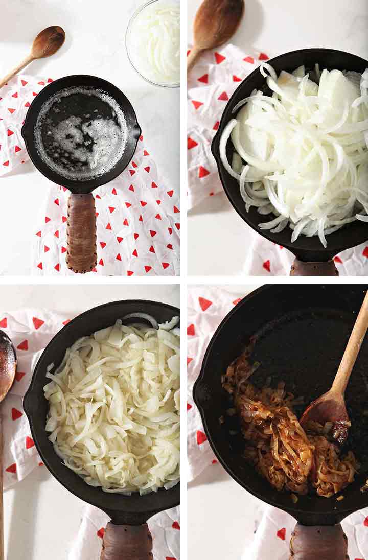 Collage of 4 images showing how to caramelize onions