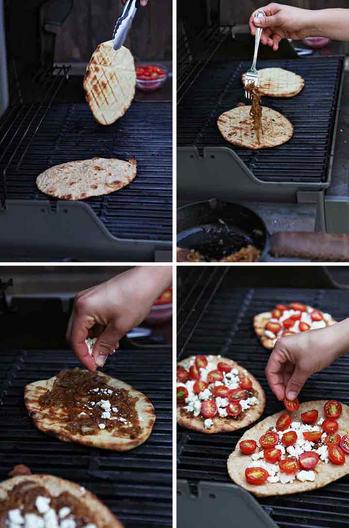 A collage shows how to put together the flatbread pizza recipe on the grill