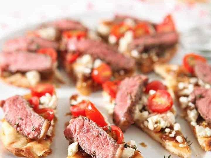Close up of Grilled Steak Flatbread, sliced