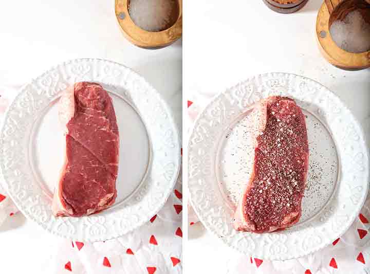 A collage of 2 images showing how to season the steak