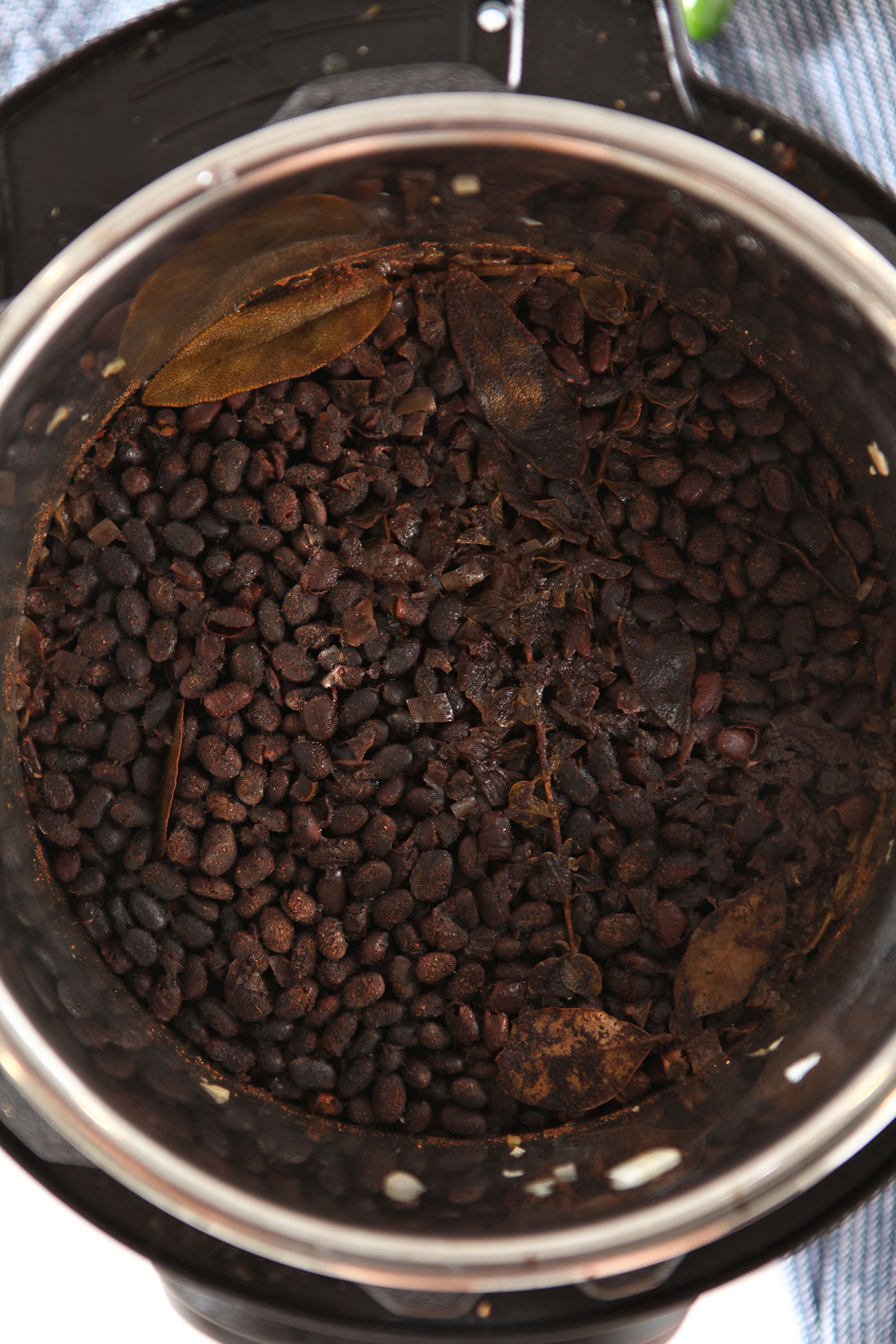 Close up of black bean dip in the Instant Pot after cooking.