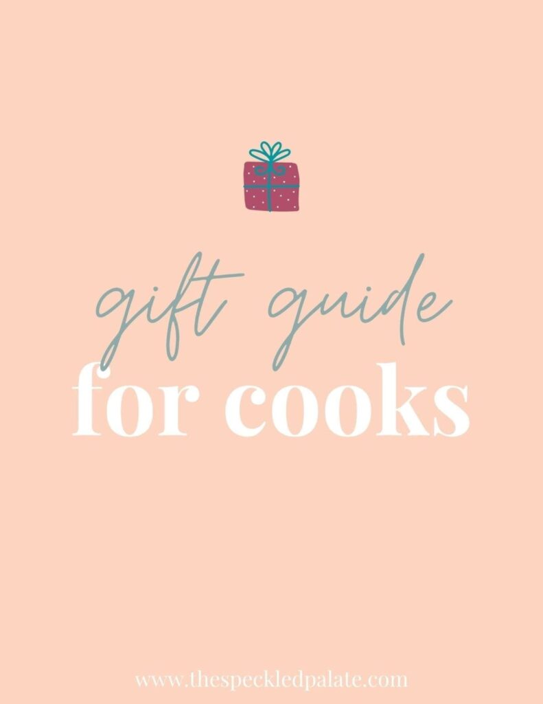 Graphic with the text 'gift guide for cooks' that includes a small present at the top on a peach background