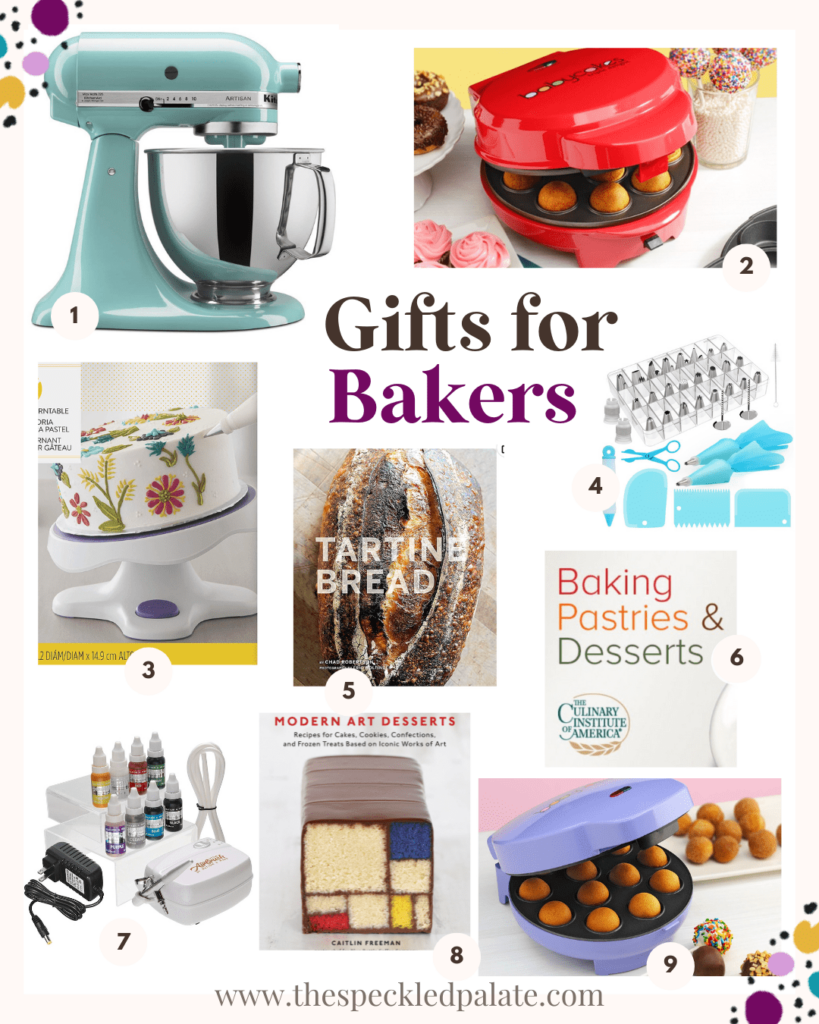 Collage showing baking-related products with numbers with the text Gifts for Bakers