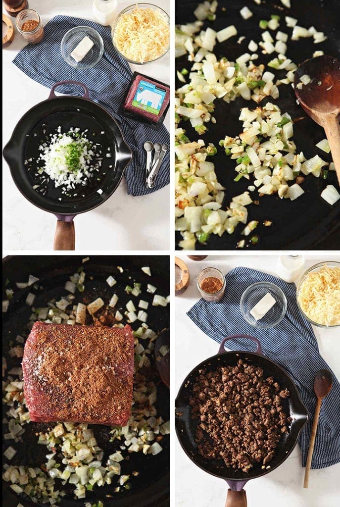 Four images are collaged together, showing how to cook veggies and brown the meat for the recipe