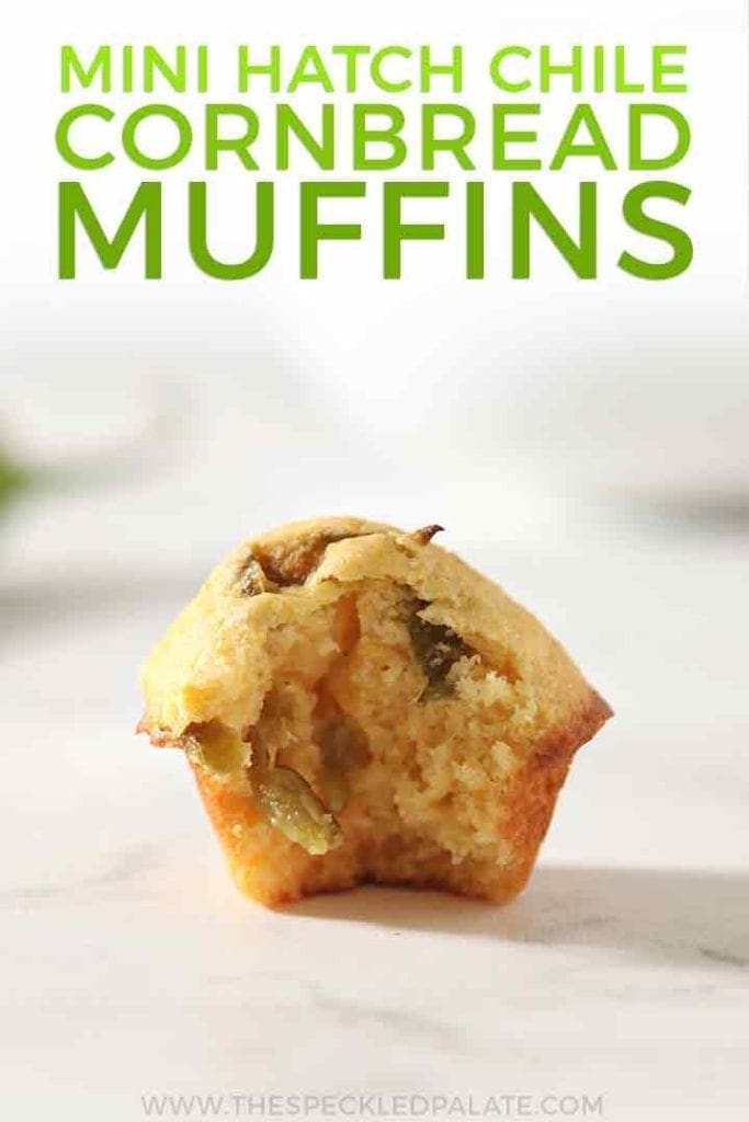 Pinterest graphic, featuring a close up of a Hatch Chile Mini Cornbread Muffin, bitten into, and with text