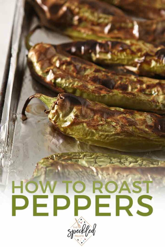 Close up of roasted peppers on a baking sheet, with Pinterest text