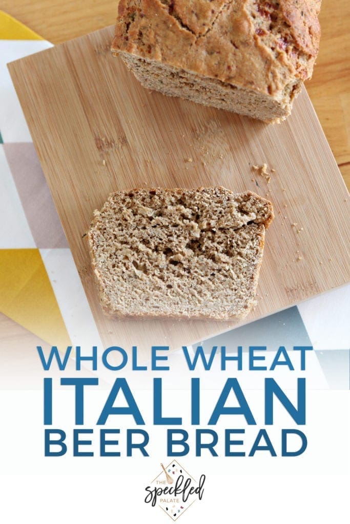 Pinterest image for Italian Beer Bread, featuring a close up of a slice of bread and text