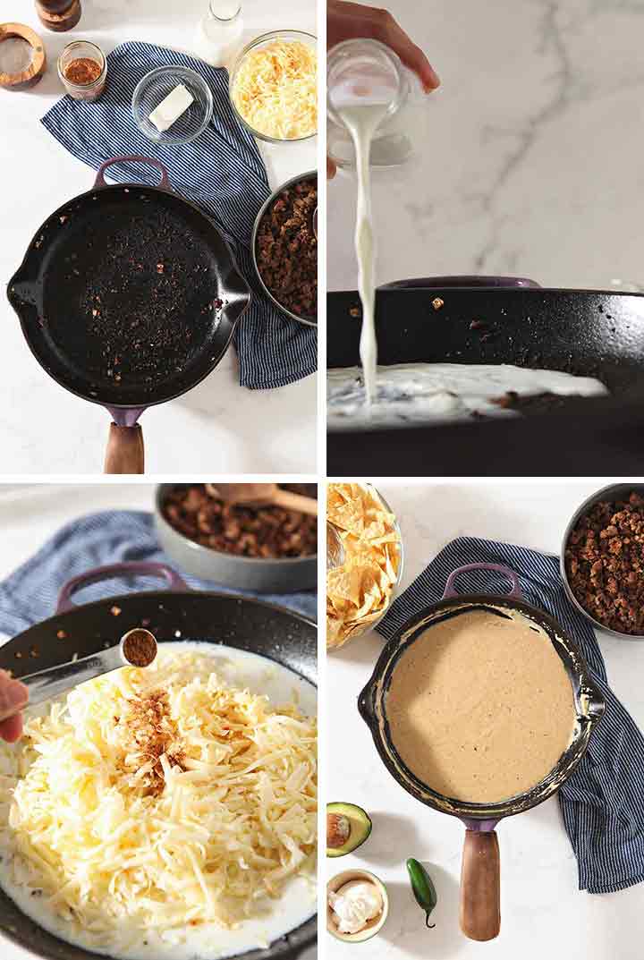 A collage of four images, showing how to make the queso after cooking meat