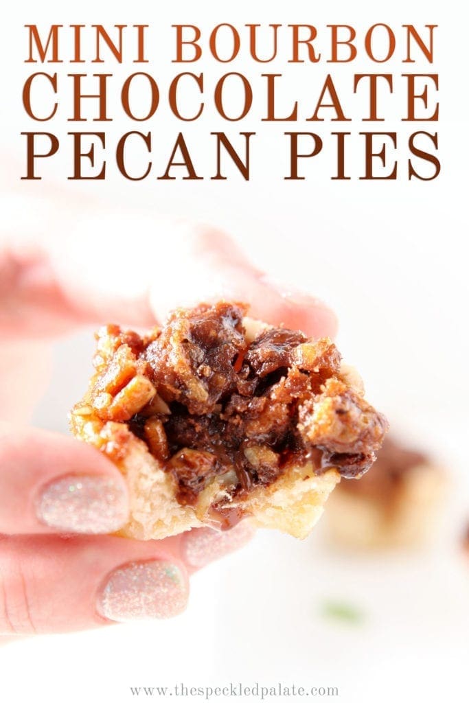 A woman holds a Mini Bourbon Chocolate Pecan Pie between her fingers, with Pinterest text