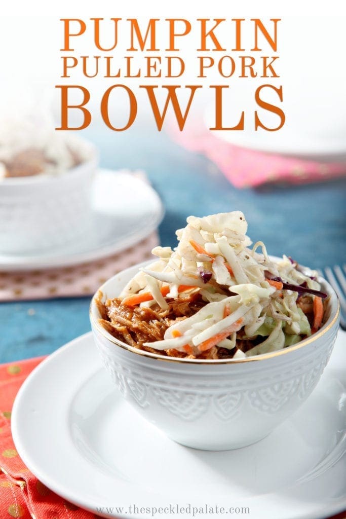 Three Pumpkin Pulled Pork Bowls are shown with Pinterest text