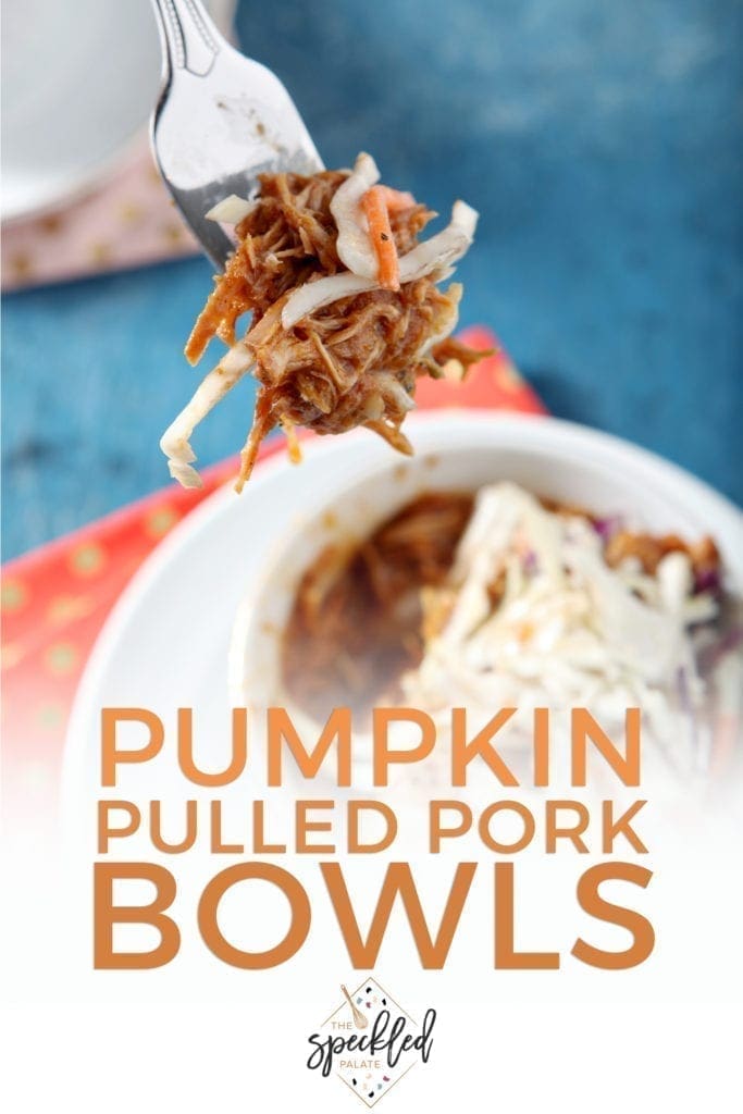 A fork lifts some of a Pumpkin Pulled Pork Bowl out of the bowl, with Pinterest text