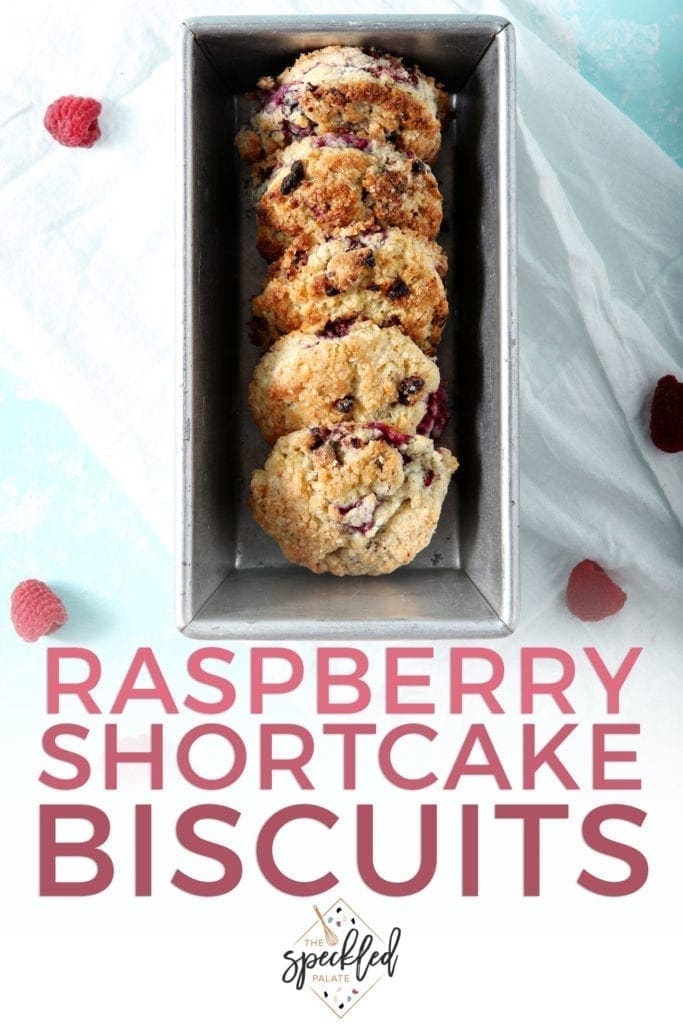 A tray holds several baked Raspberry Shortcake Biscuits, with Pinterest text