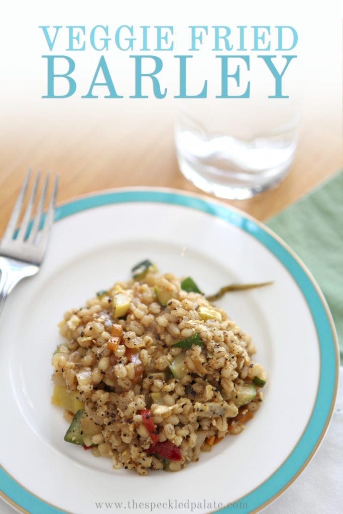 Pinterest image for Veggie Fried Barley, featuring a close up of the dish and text