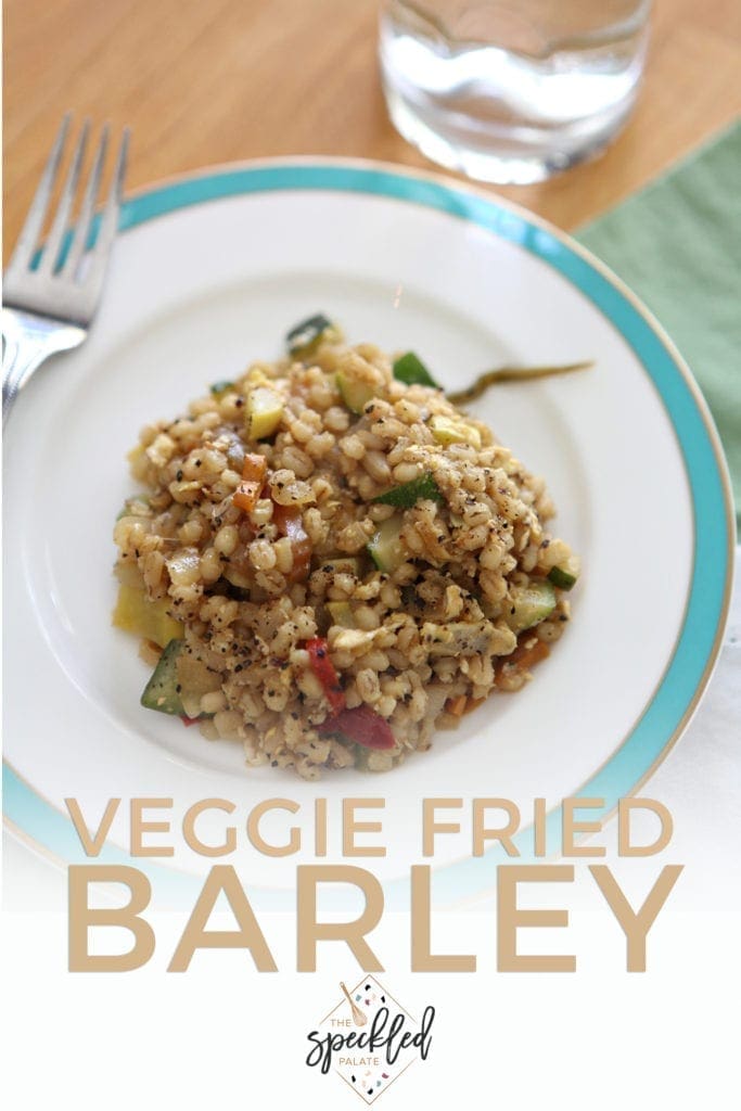 Pinterest image for Veggie Fried Barley, featuring a close up of the dish and text