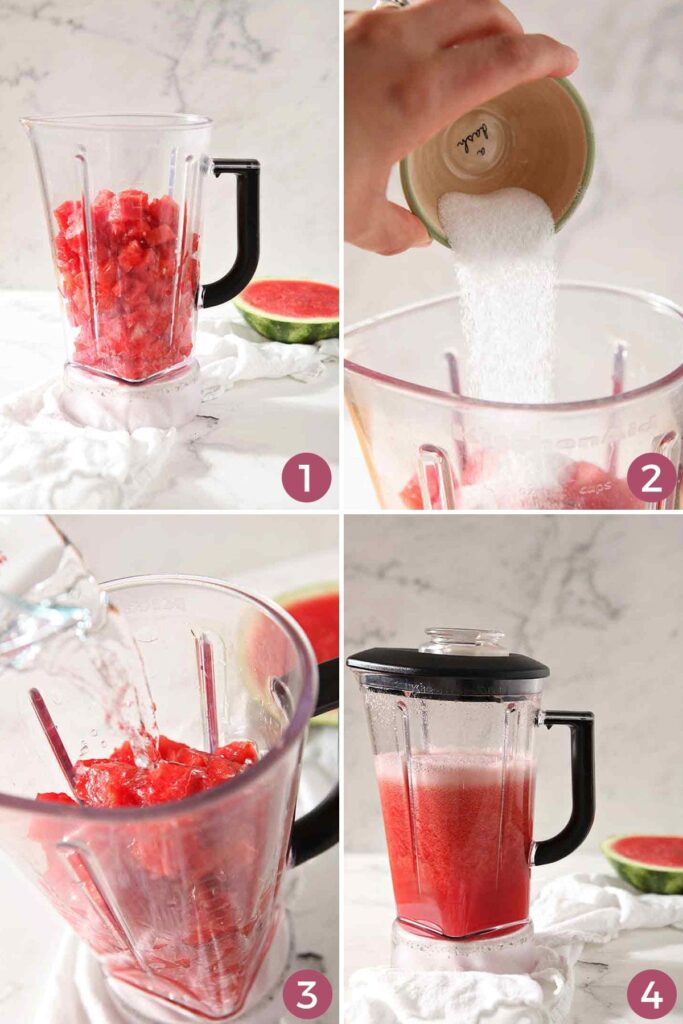 Collage of four images showing how to make watermelon agua fresca