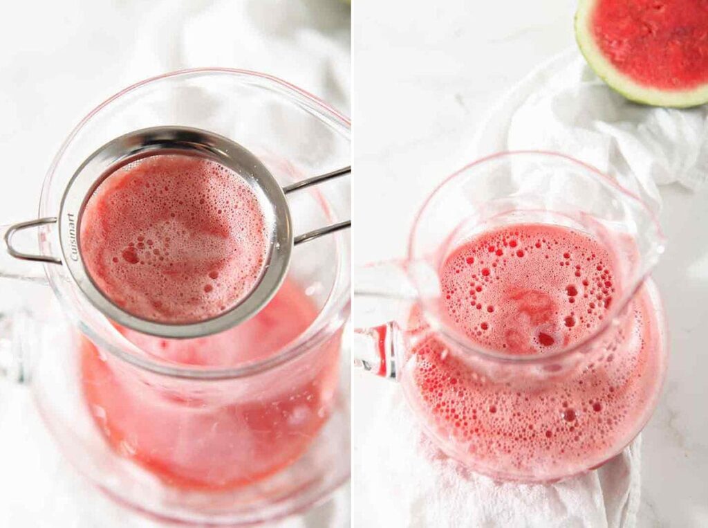 Collage showing how to strain watermelon agua fresca