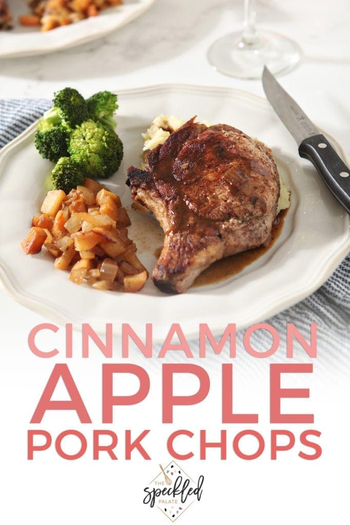 Close up of a plate of Cinnamon Apple Pork Chops, with Pinterest text