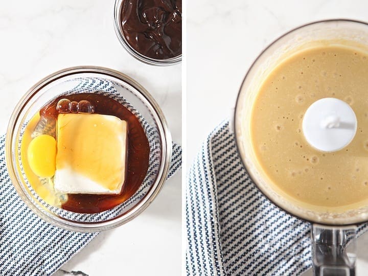 Collage of cream cheese swirl layer being made in a food processor