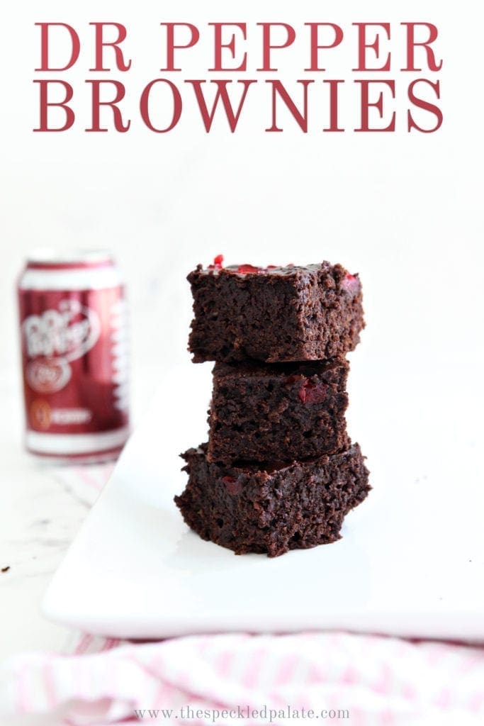 Dr Pepper Chocolate Cherry Brownies are stacked on top of each other, with Pinterest text