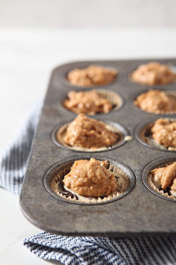 Dollops of batter are placed on top of the muffins before they bake