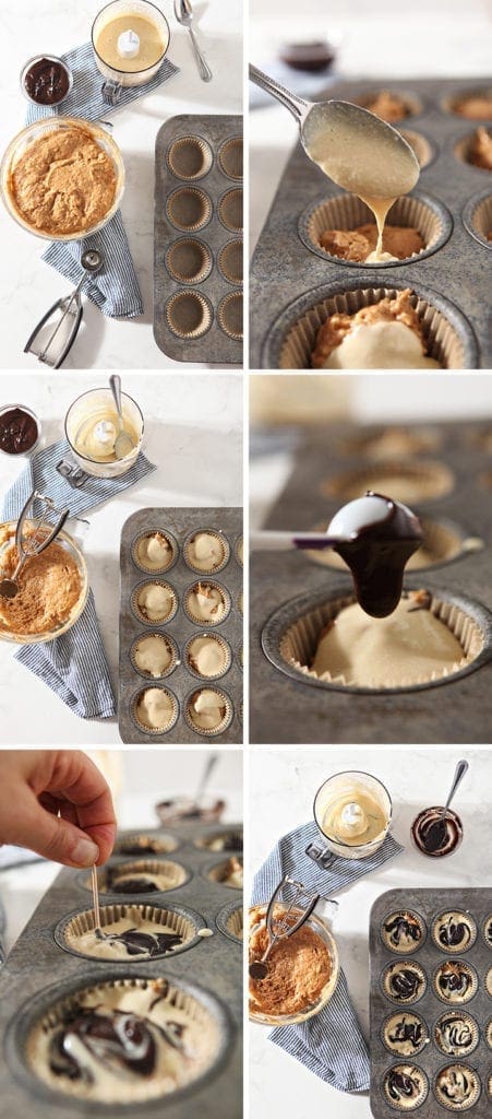 Collage of six images showing how to put together the muffins before baking