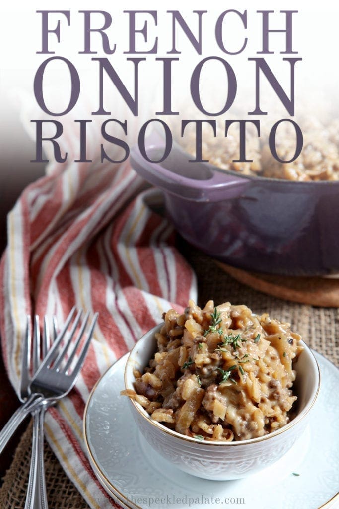 Close up of a bowl holding French Onion Risotto, with Pinterest text