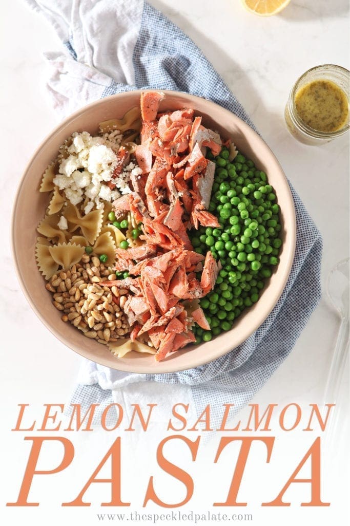 Pinterest graphic for Lemon Salmon Pasta, showing the pasta from above before mixed