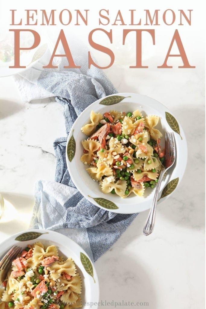 Pinterest graphic for Lemon Salmon Pasta, showing several bowls of the prepared pasta from above