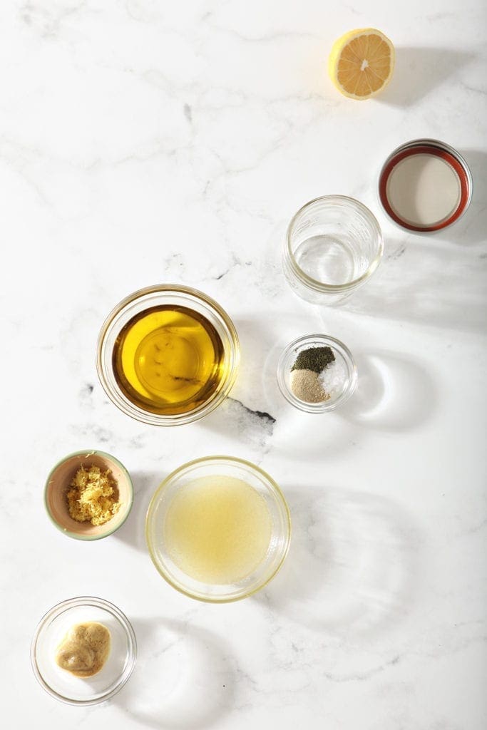 Lemon vinaigrette ingredients from above, in small bowls