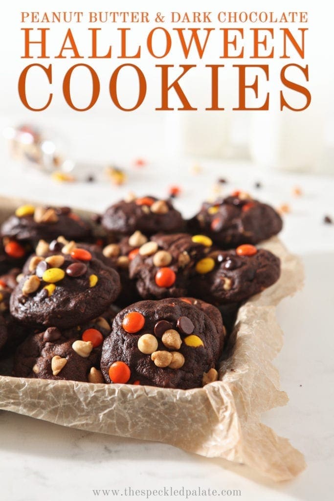 Pinterest image of Chocolate White Chocolate Chip Cookies, on a baking sheet, with text