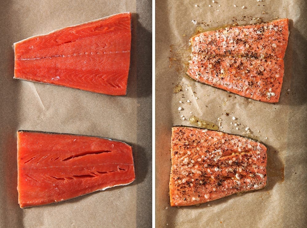 Collage of the salmon from above in two images: one before cooking and one after