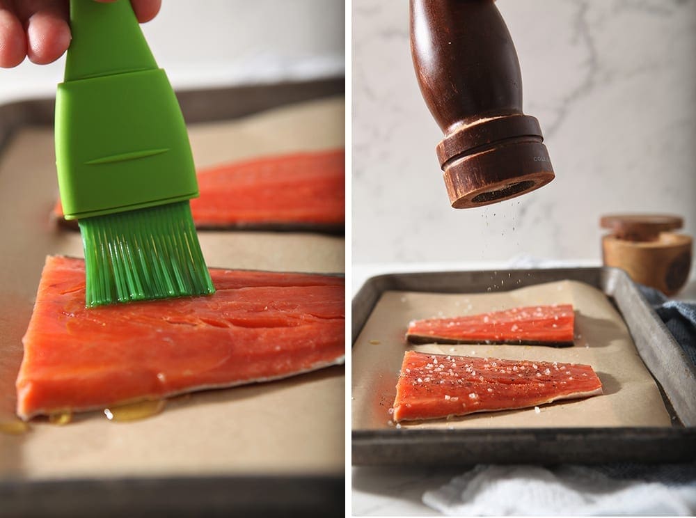 Collage of two images of salmon, one of it being brushed with ghee and the other of pepper being cracked on top of it