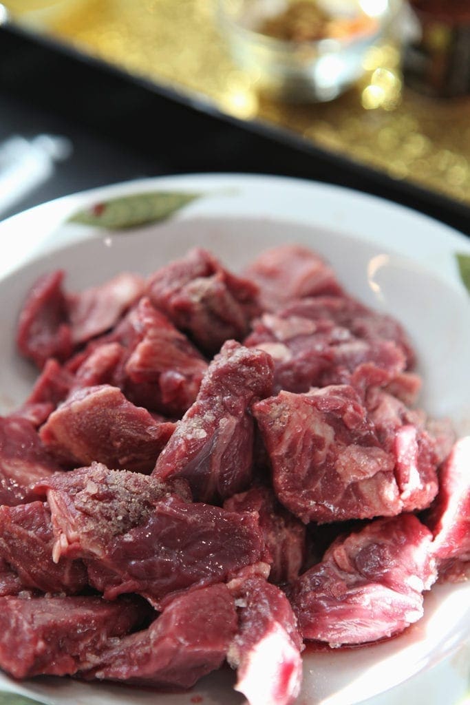 Panorama beef stew meat before being seared