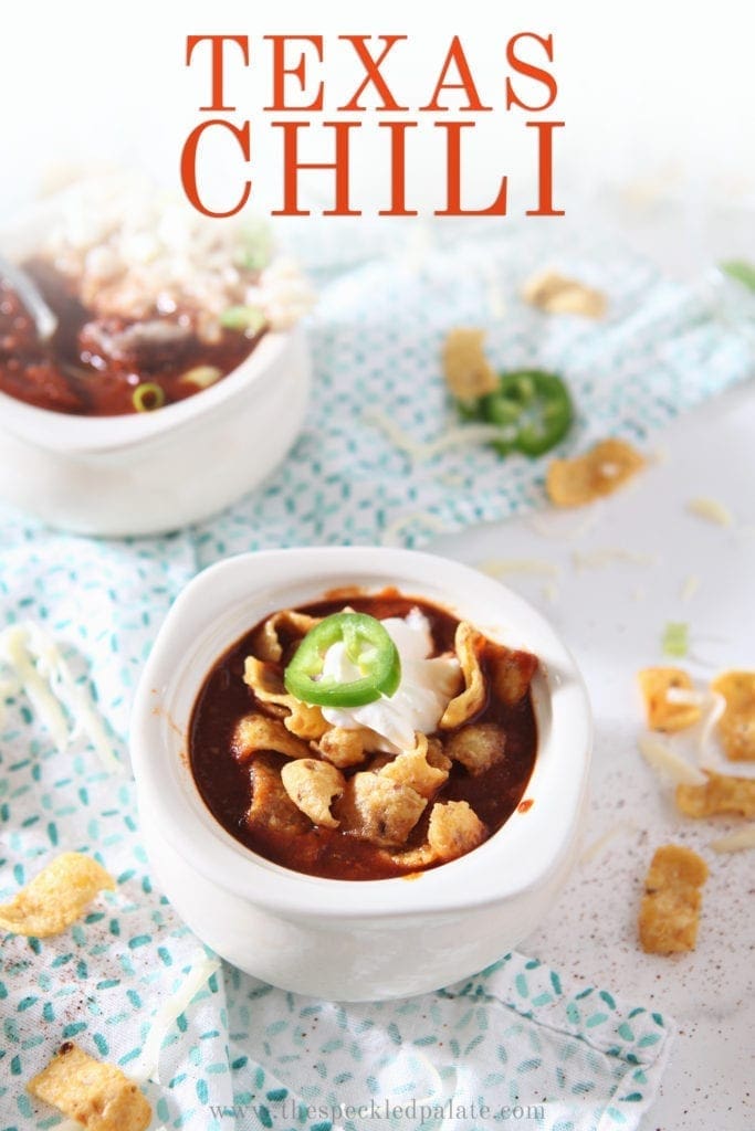 Close up of bowls of Texas Chili, with Pinterest text