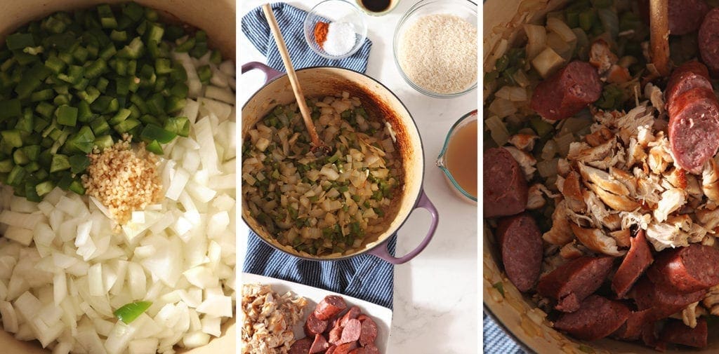 Collage of three images showing the cooking process