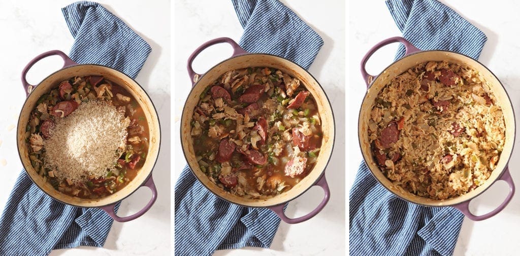 Collage of three images showing the pot with the rice, before cooking and after