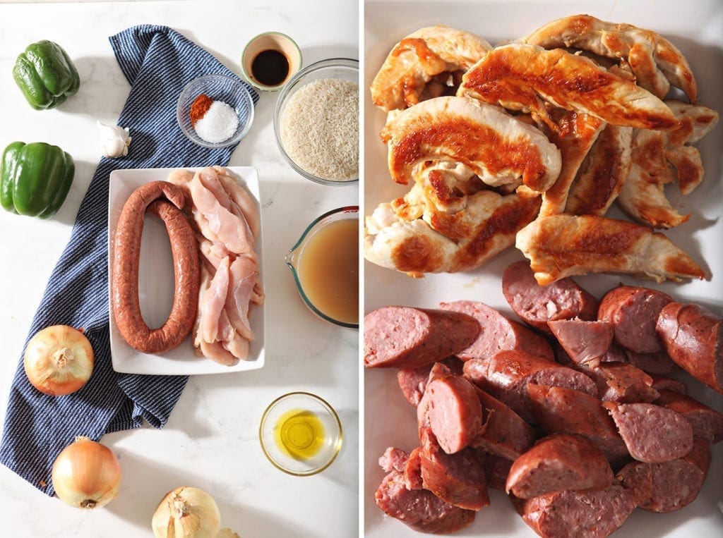 Collage of ingredients for an authentic jambalaya recipe, including a close up of the meat