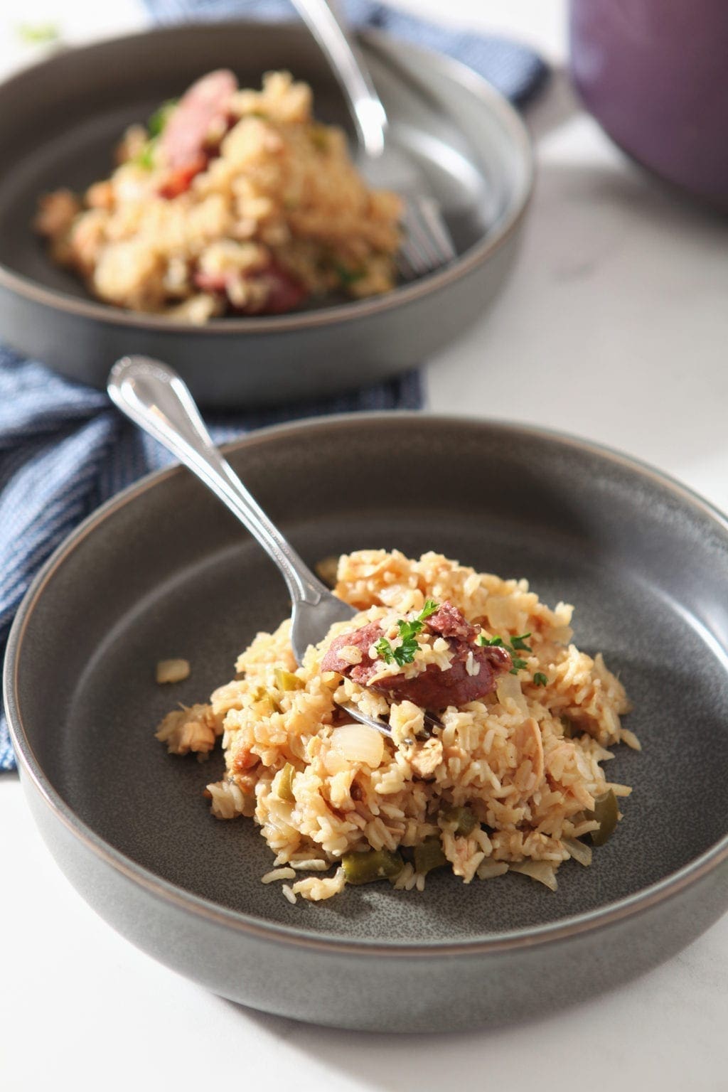 Close up of a bowl of authentic Chicken and Sausage Jambalaya recipe