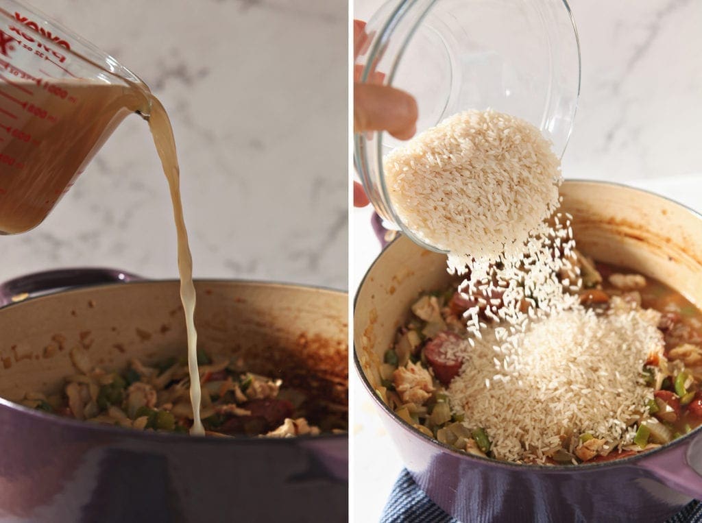 Collage of two images showing the adding of chicken stock and rice to the pot