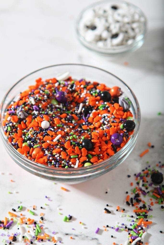 Close up of mixed Halloween sprinkles in a bowl