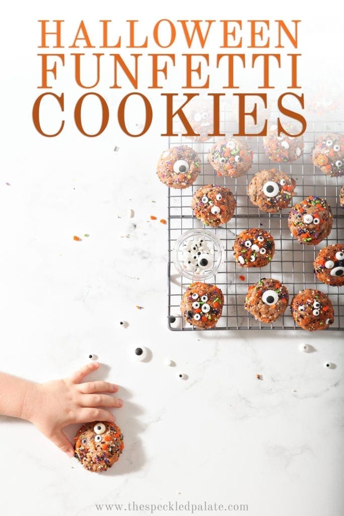 A girl grabs a Funfetti Cookie, from above, with Pinterest text