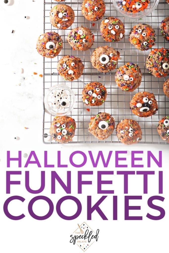 Overhead of Halloween Cookies on a cooling rack, with Pinterest text