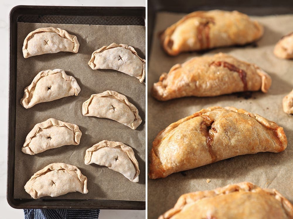 Collage of the meat pies before baking and after