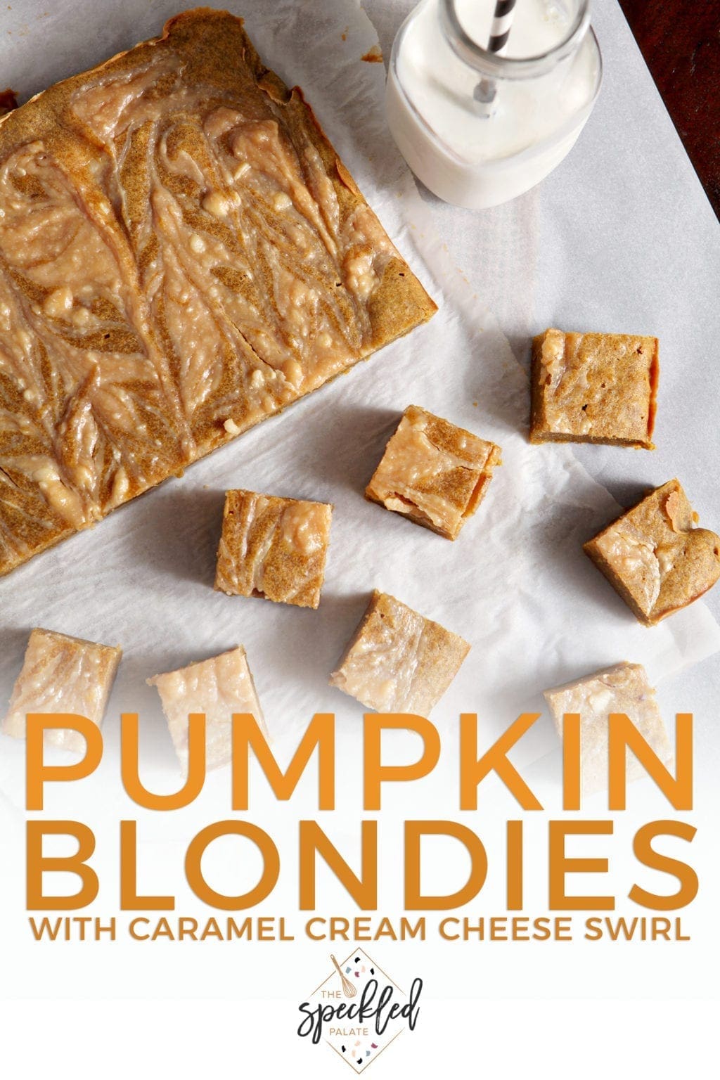 Overhead image of sliced Pumpkin Blondies with Caramel Cream Cheese Swirl, with Pinterest text