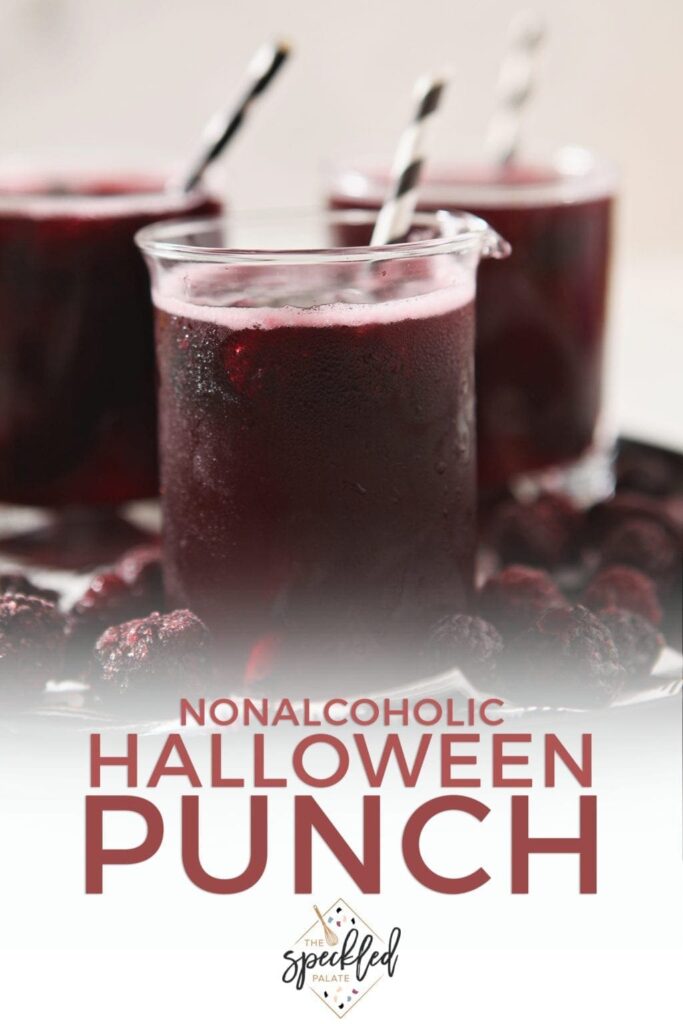 Pinterest graphic for Nonalcoholic Halloween Punch, featuring a close up of the drinks