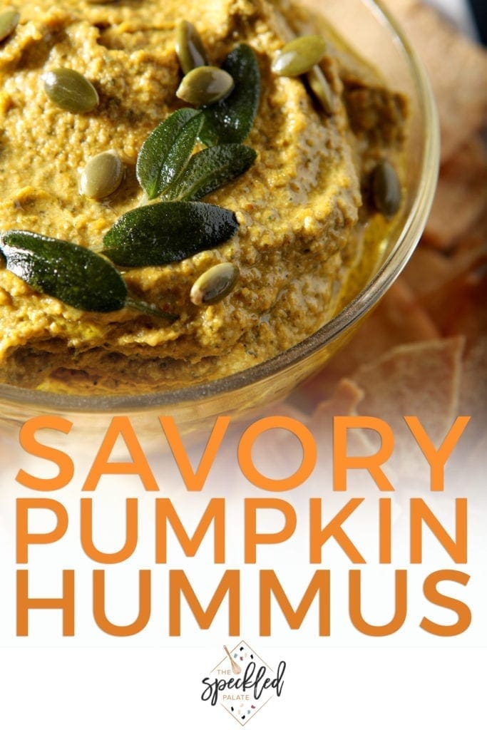 Close up of Savory Pumpkin Hummus, with Pinterest text