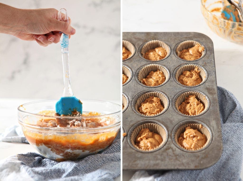 Collage showing how to stir the batter and the batter in a muffin tin, before baking